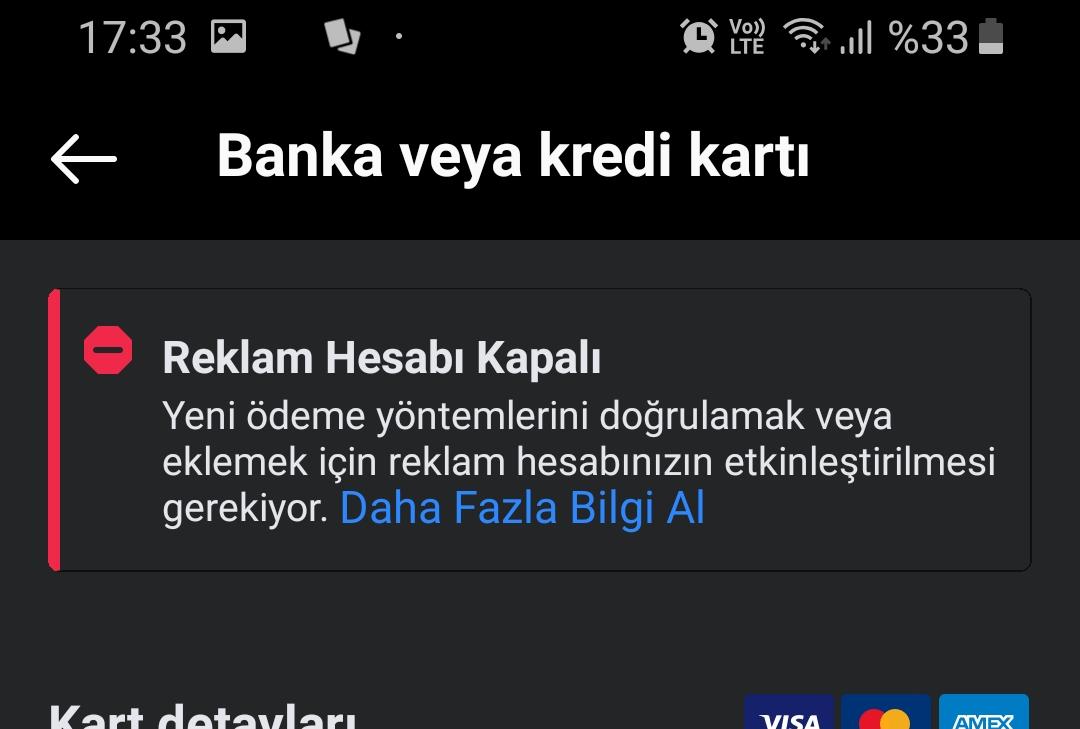 Reklam hesabı kapalı, yeni ödeme yöntemlerini doğrulamak veya eklemek için reklam hesabınızın etkinleştirilmesi gerekiyor. Provizyon hatası